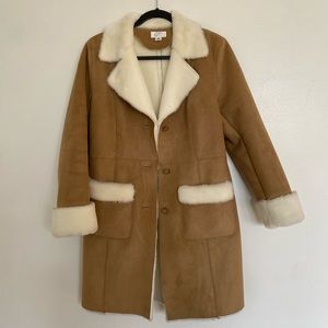 Ann Taylor Loft Faux Leather Suede Faux Fur Jacket Trench Coat Size 8P Cream Tan